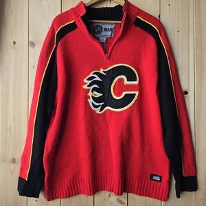 NHL Calgary Flames Hockey 1/4 Zip Knit Sweater Red Black Mens XL